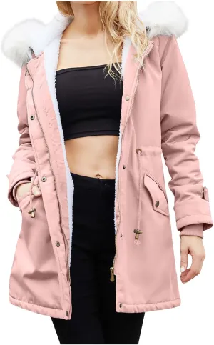 Women's 2024 Winter Warm Coats With Hood Sherpa Lined Thick Jacket Long Sleeve Fleece Outerwear With Pockets