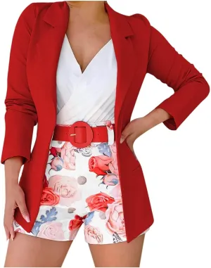Womens 3 Piece Blazer Set Ladies Formal Office Work Business Blazer Open Front Cardigan Coat Floral Print Shorts Suits