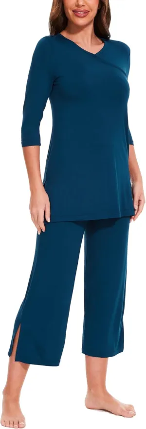 Womens Bamboo Viscose Capri Pajama Set Soft Comfy Crossover PJs Set