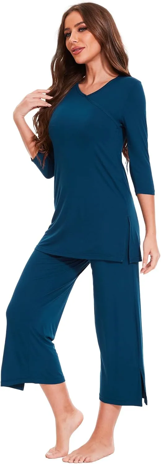 Womens Bamboo Viscose Capri Pajama Set Soft Comfy Crossover PJs Set
