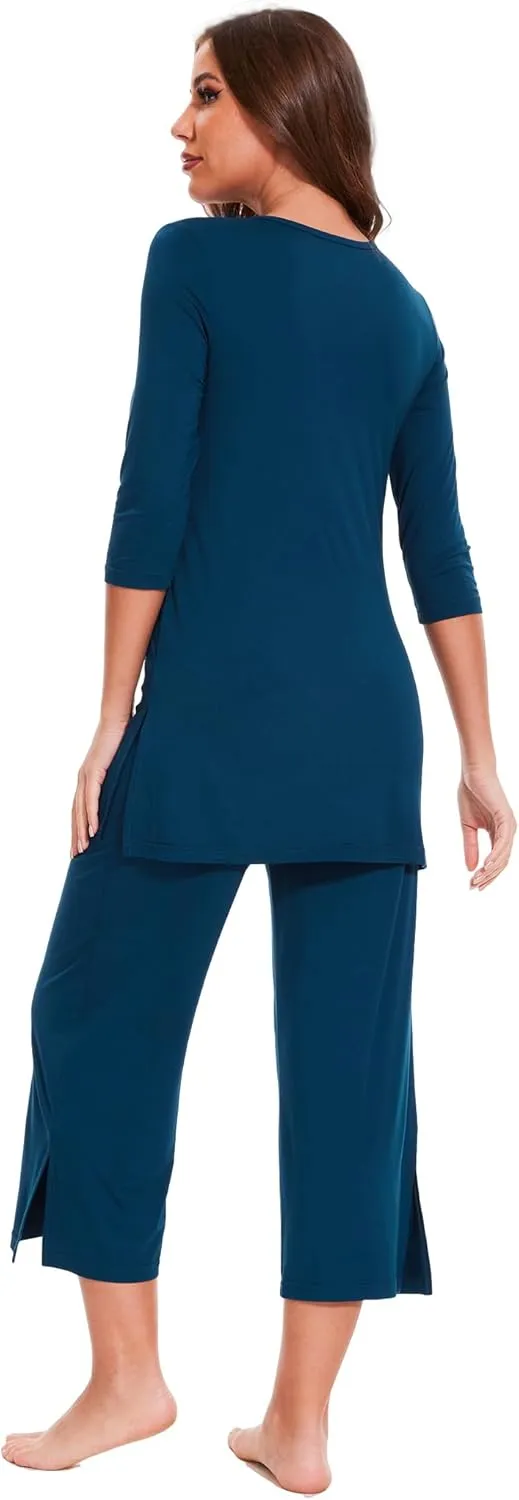 Womens Bamboo Viscose Capri Pajama Set Soft Comfy Crossover PJs Set