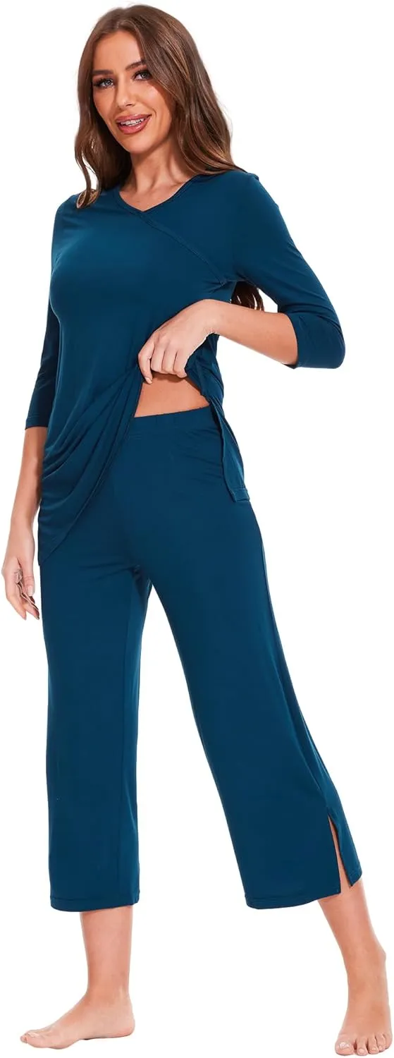 Womens Bamboo Viscose Capri Pajama Set Soft Comfy Crossover PJs Set