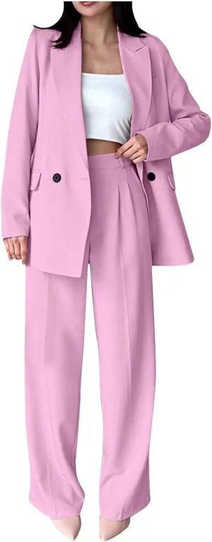 Womens Blazer 2 Piece Outfits Business Work Oversized Jacket Wide Leg Dress Pants Dressy Casual Suit Set with Pocket