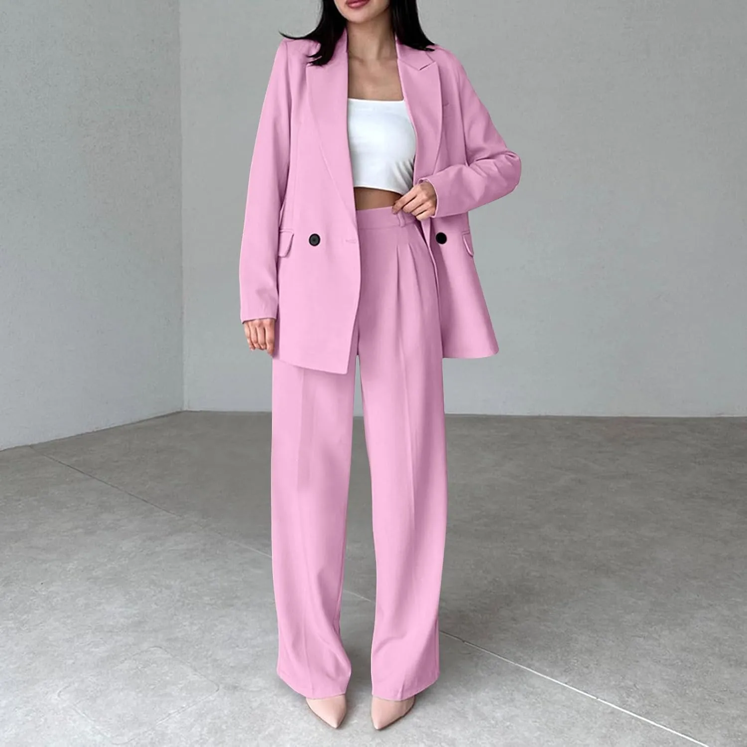 Womens Blazer 2 Piece Outfits Business Work Oversized Jacket Wide Leg Dress Pants Dressy Casual Suit Set with Pocket