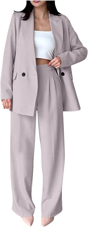 Womens Blazer 2 Piece Outfits Business Work Oversized Jacket Wide Leg Dress Pants Dressy Casual Suit Set with Pocket