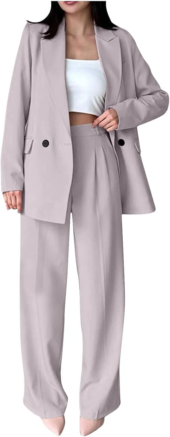 Womens Blazer 2 Piece Outfits Business Work Oversized Jacket Wide Leg Dress Pants Dressy Casual Suit Set with Pocket