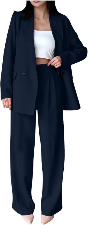 Womens Blazer 2 Piece Outfits Business Work Oversized Jacket Wide Leg Dress Pants Dressy Casual Suit Set with Pocket