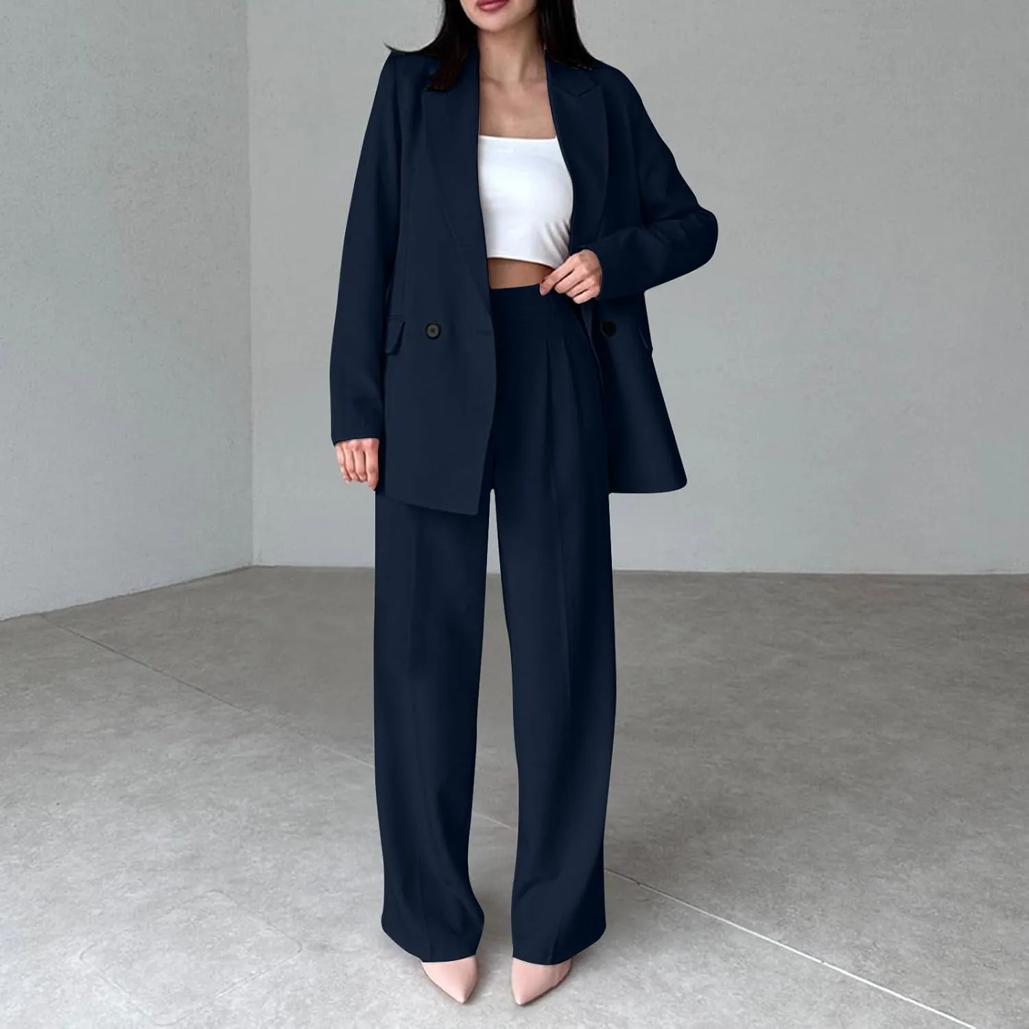 Womens Blazer 2 Piece Outfits Business Work Oversized Jacket Wide Leg Dress Pants Dressy Casual Suit Set with Pocket