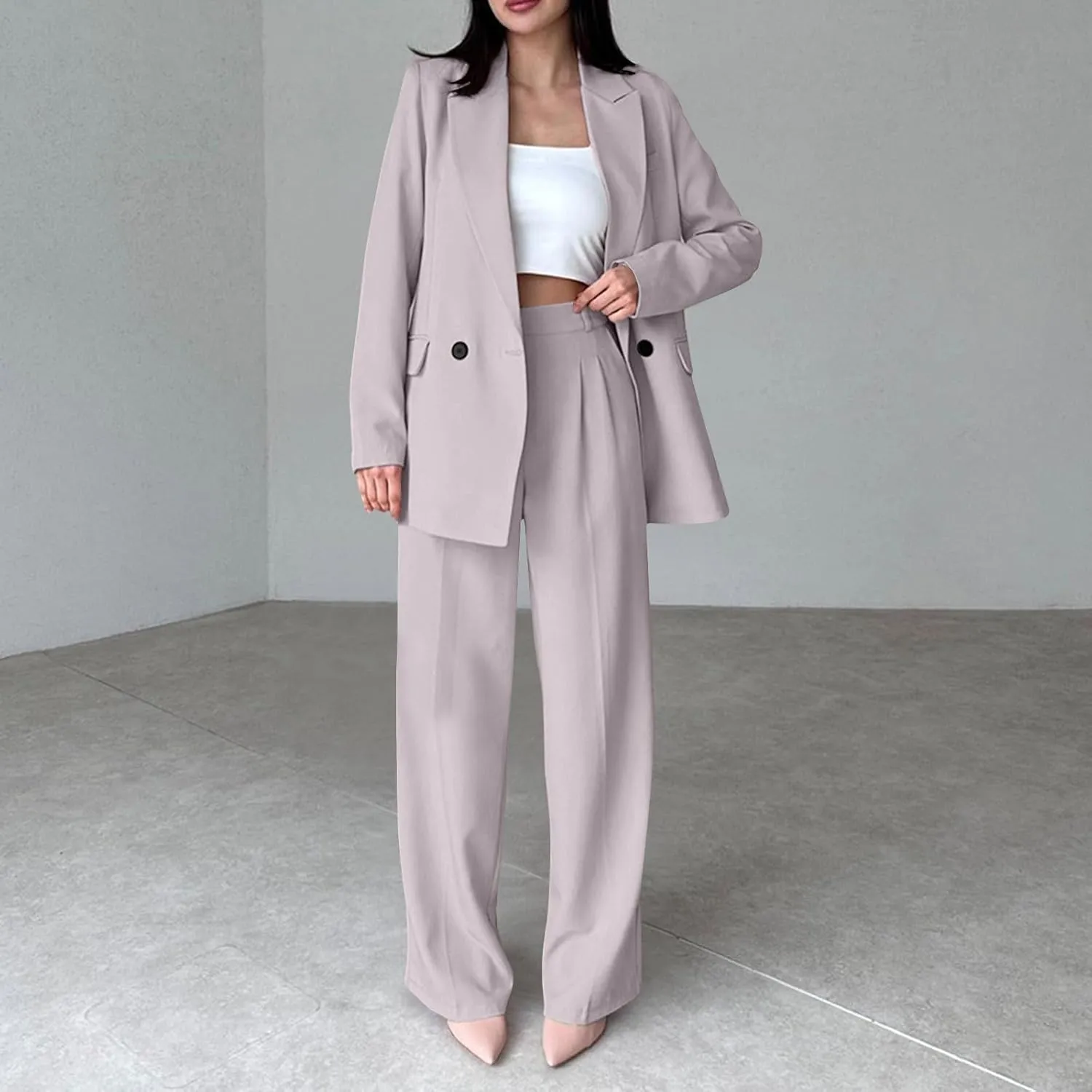 Womens Blazer 2 Piece Outfits Business Work Oversized Jacket Wide Leg Dress Pants Dressy Casual Suit Set with Pocket