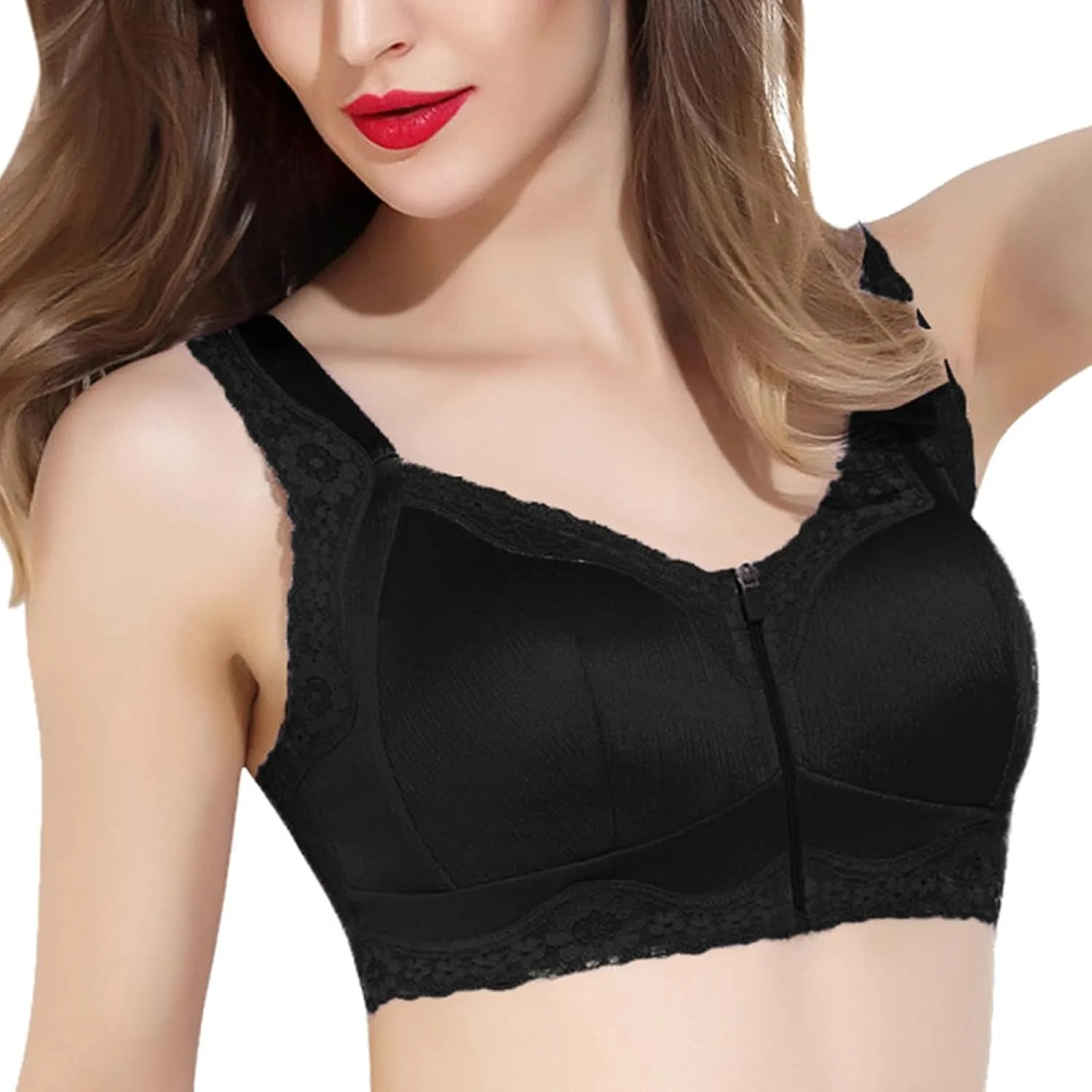 Womens Bras No Underwire Full Support Wireless Anti-Sagging Kendally Bras Front Zip Breathable Satin Lace Bralettes