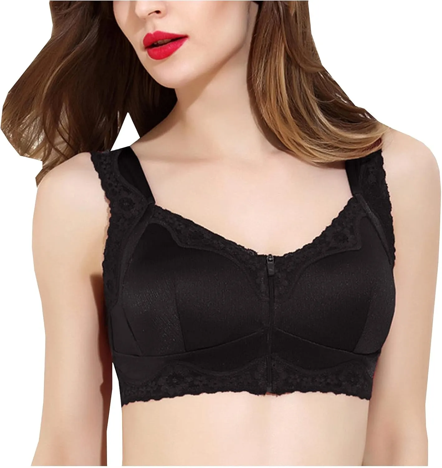 Womens Bras No Underwire Full Support Wireless Anti-Sagging Kendally Bras Front Zip Breathable Satin Lace Bralettes