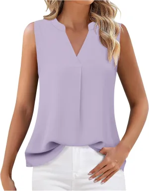 Women's Business Casual Sleeveless Shirts Summer Dressy Tank Tops Notch V Neck Work Blouse Loose Tunic Top