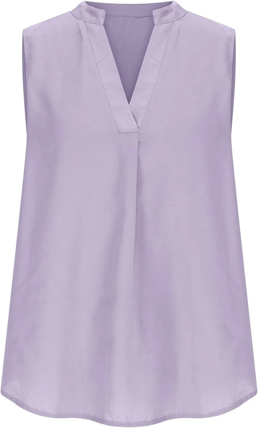 Women's Business Casual Sleeveless Shirts Summer Dressy Tank Tops Notch V Neck Work Blouse Loose Tunic Top