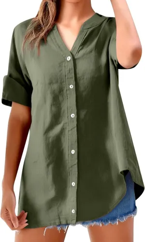 Womens Button Down Shirt V-Neck Long Sleeve Linen Summer Casual Trendy Blouse Tops Loose Tee Tops