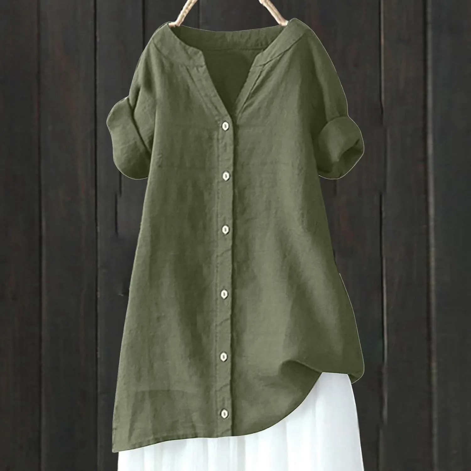 Womens Button Down Shirt V-Neck Long Sleeve Linen Summer Casual Trendy Blouse Tops Loose Tee Tops