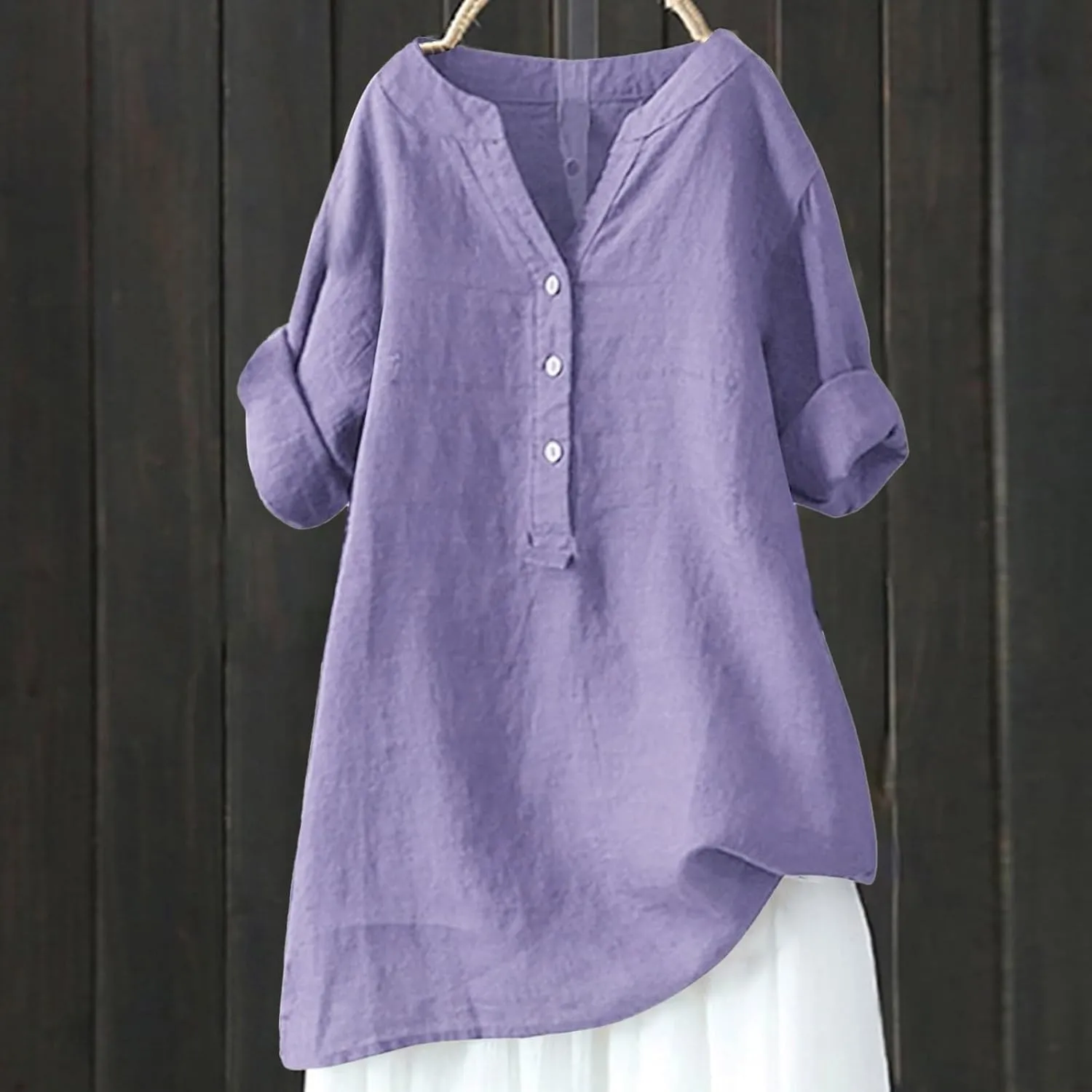 Womens Button Shirt Cotton and Linen 3/4 Sleeve V Neck Basic Shirt Casual Loose Business Blouses Tunics Top