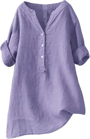 Womens Button Shirt Cotton and Linen 3/4 Sleeve V Neck Basic Shirt Casual Loose Business Blouses Tunics Top
