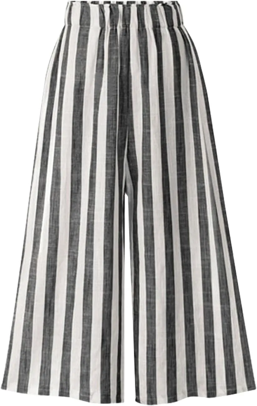 Women's Casual Striped Cotton Linen Comfy Elastic Waist Wide Leg Pants