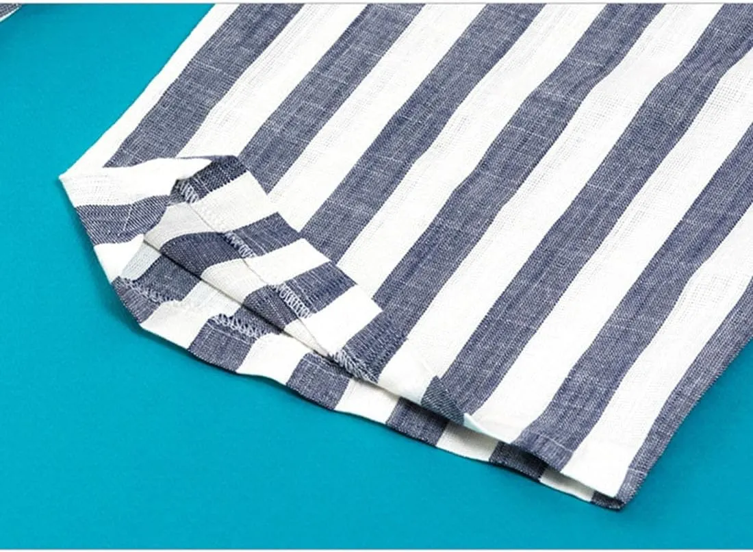 Women's Casual Striped Cotton Linen Comfy Elastic Waist Wide Leg Pants