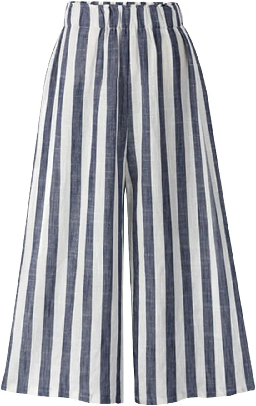 Women's Casual Striped Cotton Linen Comfy Elastic Waist Wide Leg Pants