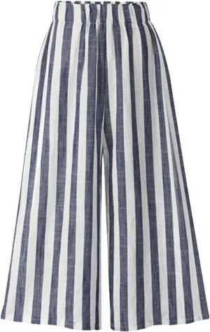 Women's Casual Striped Cotton Linen Comfy Elastic Waist Wide Leg Pants
