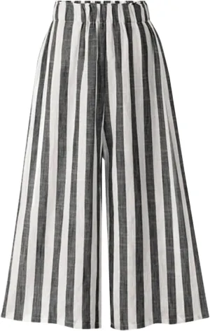 Women's Casual Striped Cotton Linen Comfy Elastic Waist Wide Leg Pants