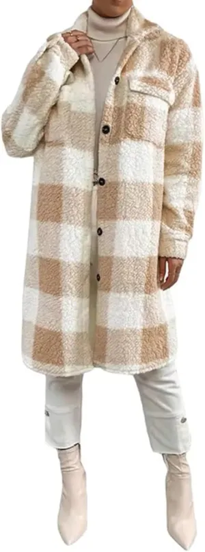 Women’s Chic Plaid Print Warm Plush Long Coat, Winter Cozy Lapel Fuzzy Jacket, Casual Tartan over Shirt Trench Coat