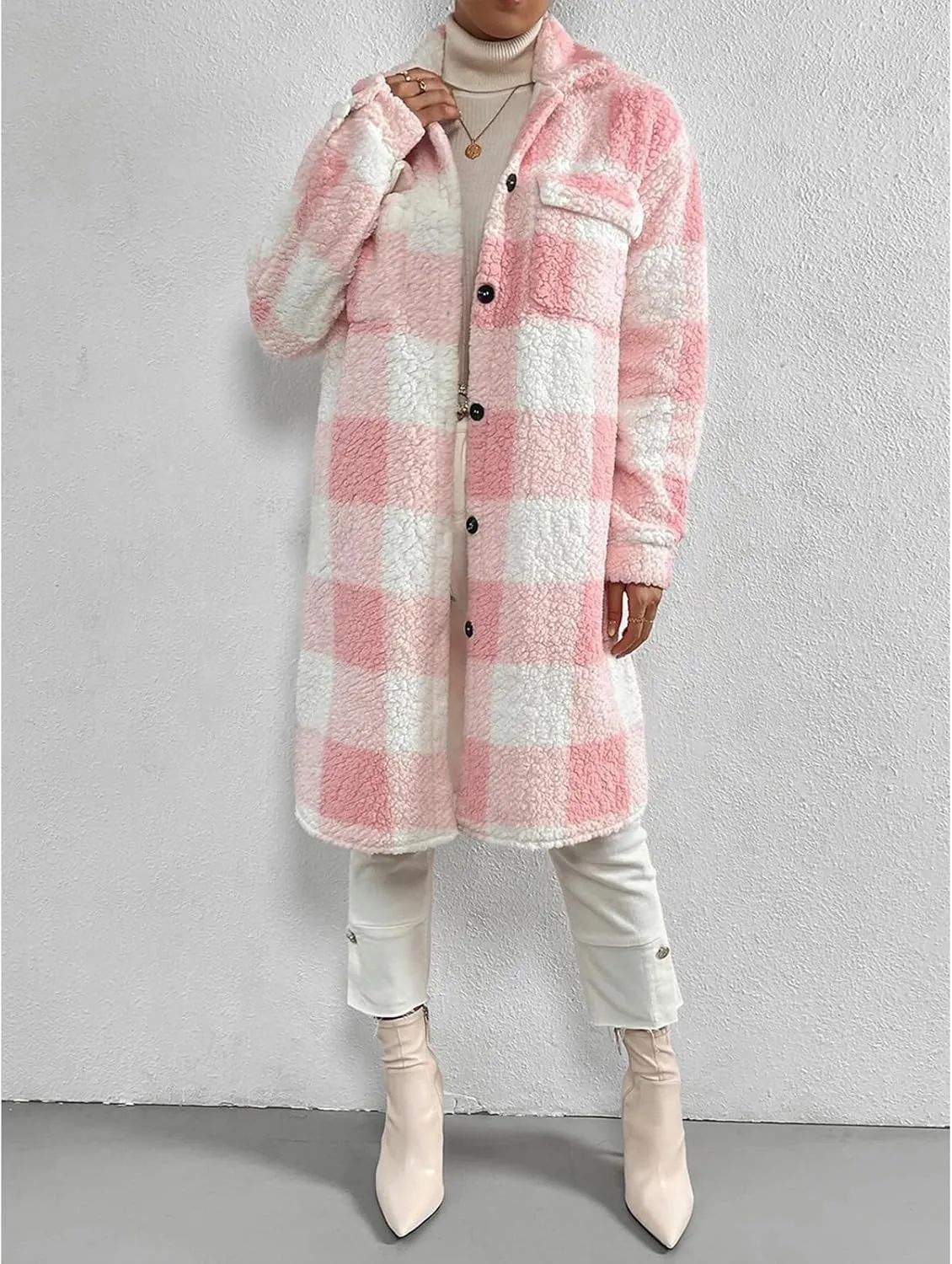 Women’s Chic Plaid Print Warm Plush Long Coat, Winter Cozy Lapel Fuzzy Jacket, Casual Tartan over Shirt Trench Coat