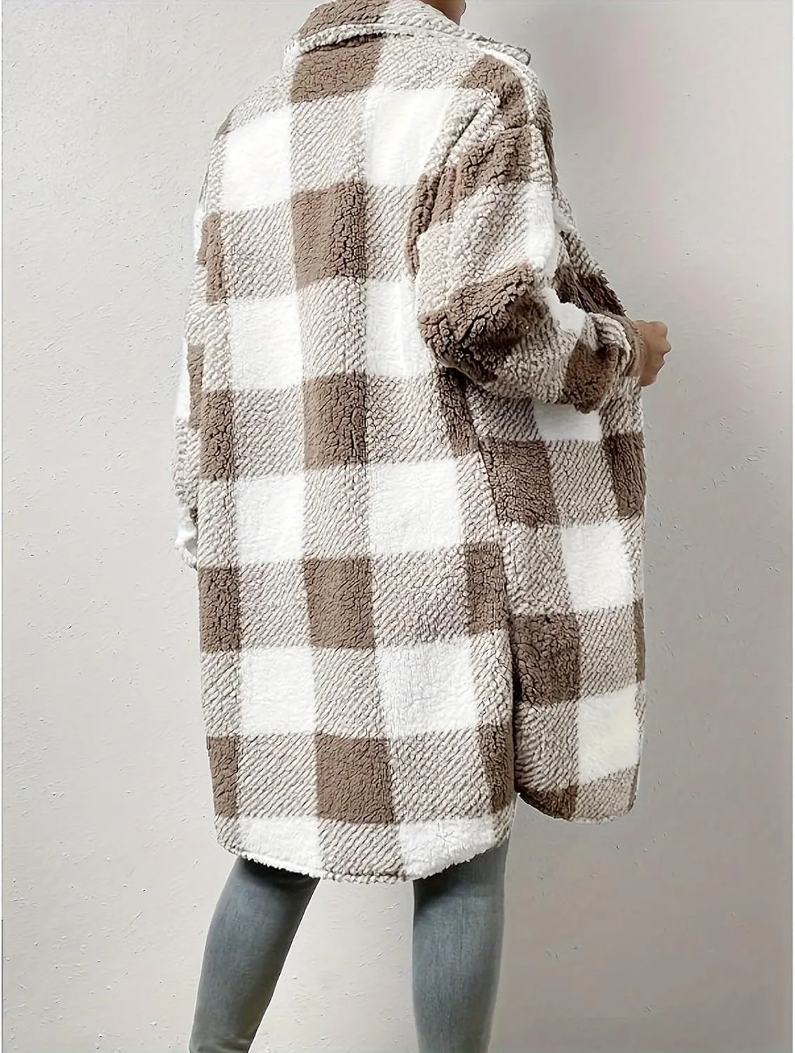 Women’s Chic Plaid Print Warm Plush Long Coat, Winter Cozy Lapel Fuzzy Jacket, Casual Tartan over Shirt Trench Coat