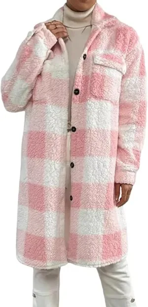 Women’s Chic Plaid Print Warm Plush Long Coat, Winter Cozy Lapel Fuzzy Jacket, Casual Tartan over Shirt Trench Coat