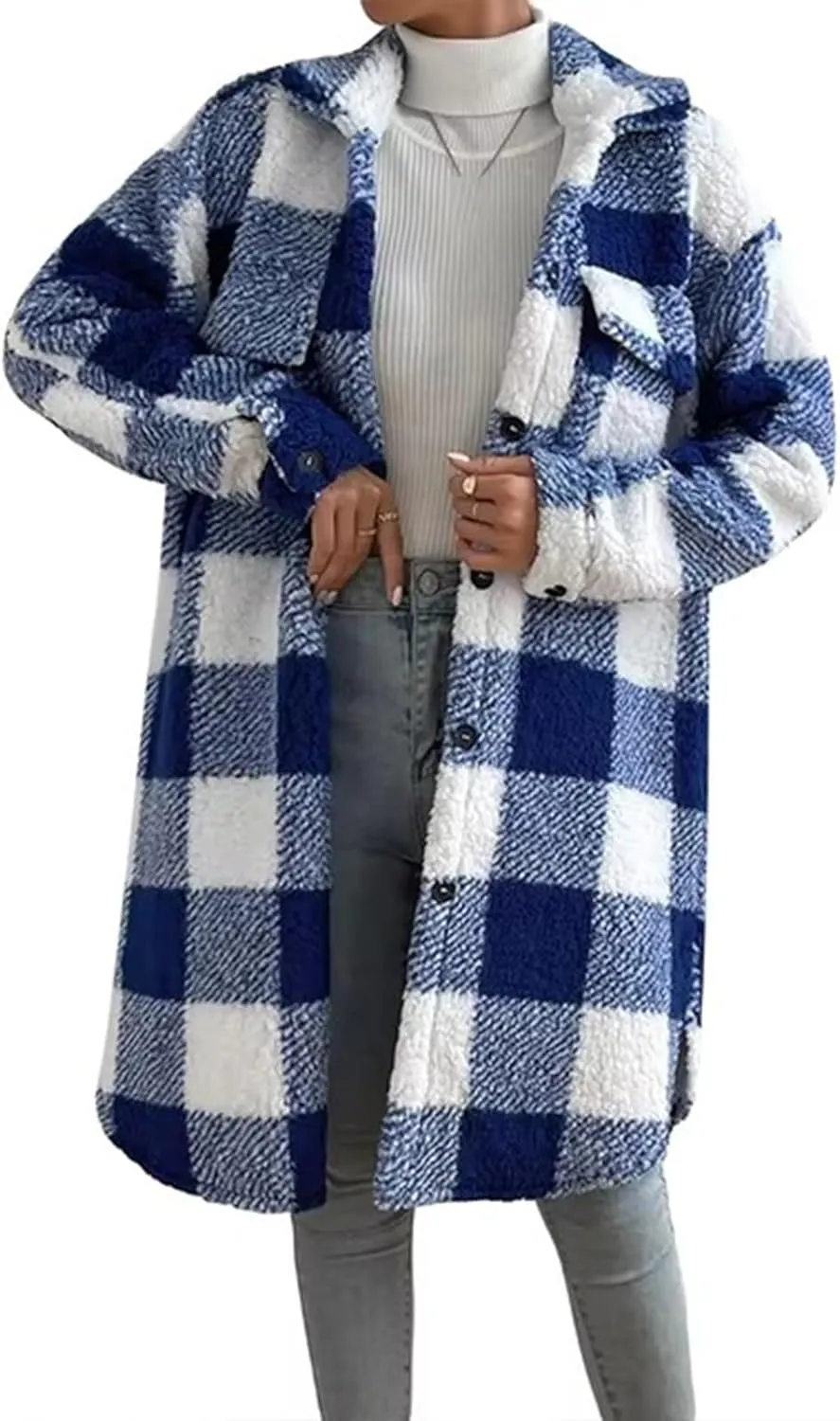 Women’s Chic Plaid Print Warm Plush Long Coat, Winter Cozy Lapel Fuzzy Jacket, Casual Tartan over Shirt Trench Coat
