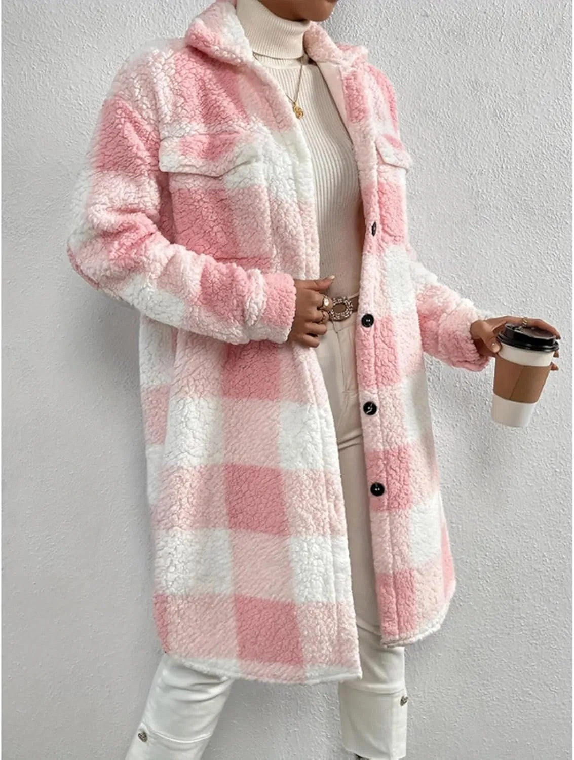 Women’s Chic Plaid Print Warm Plush Long Coat, Winter Cozy Lapel Fuzzy Jacket, Casual Tartan over Shirt Trench Coat