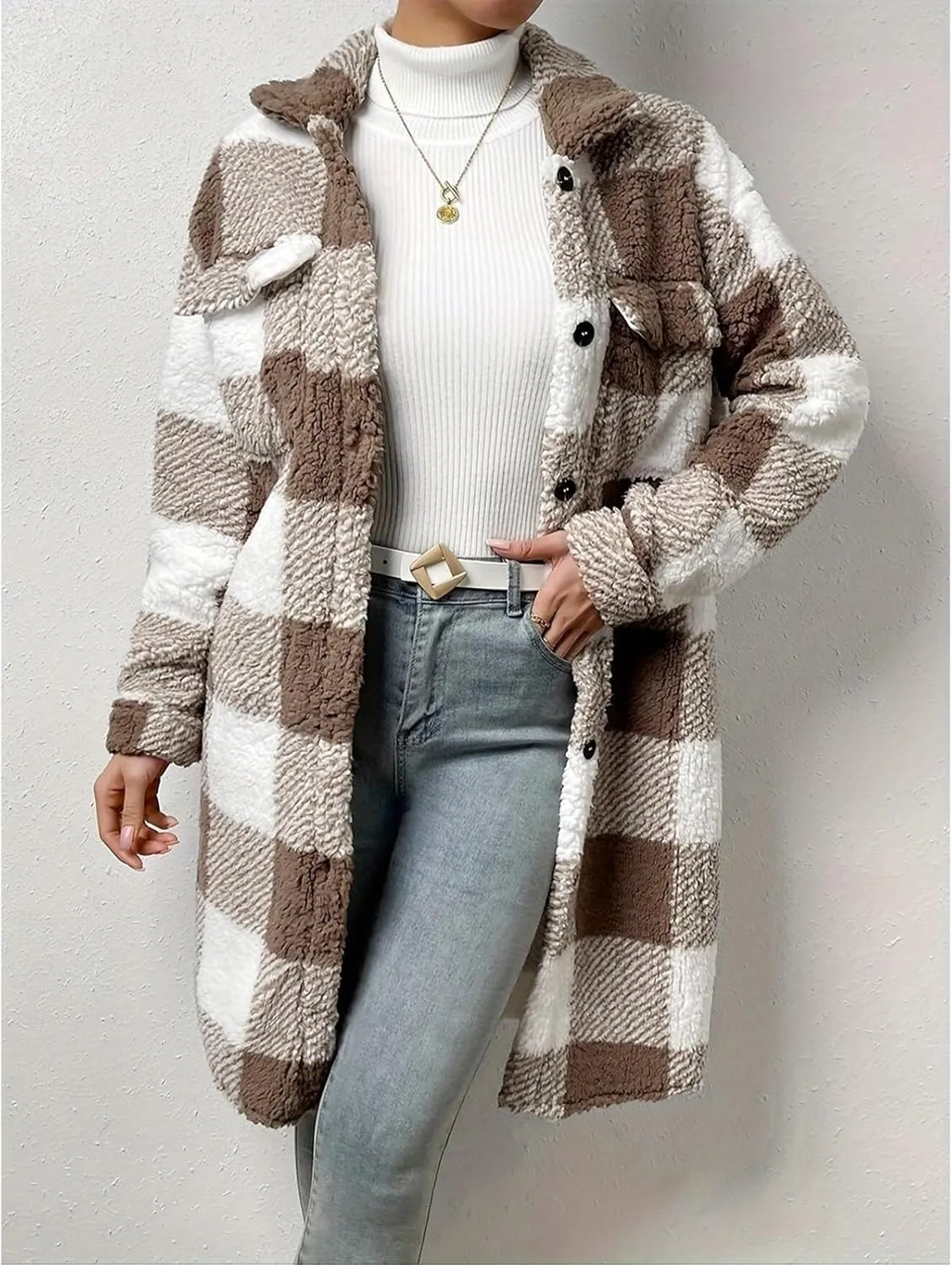 Women’s Chic Plaid Print Warm Plush Long Coat, Winter Cozy Lapel Fuzzy Jacket, Casual Tartan over Shirt Trench Coat