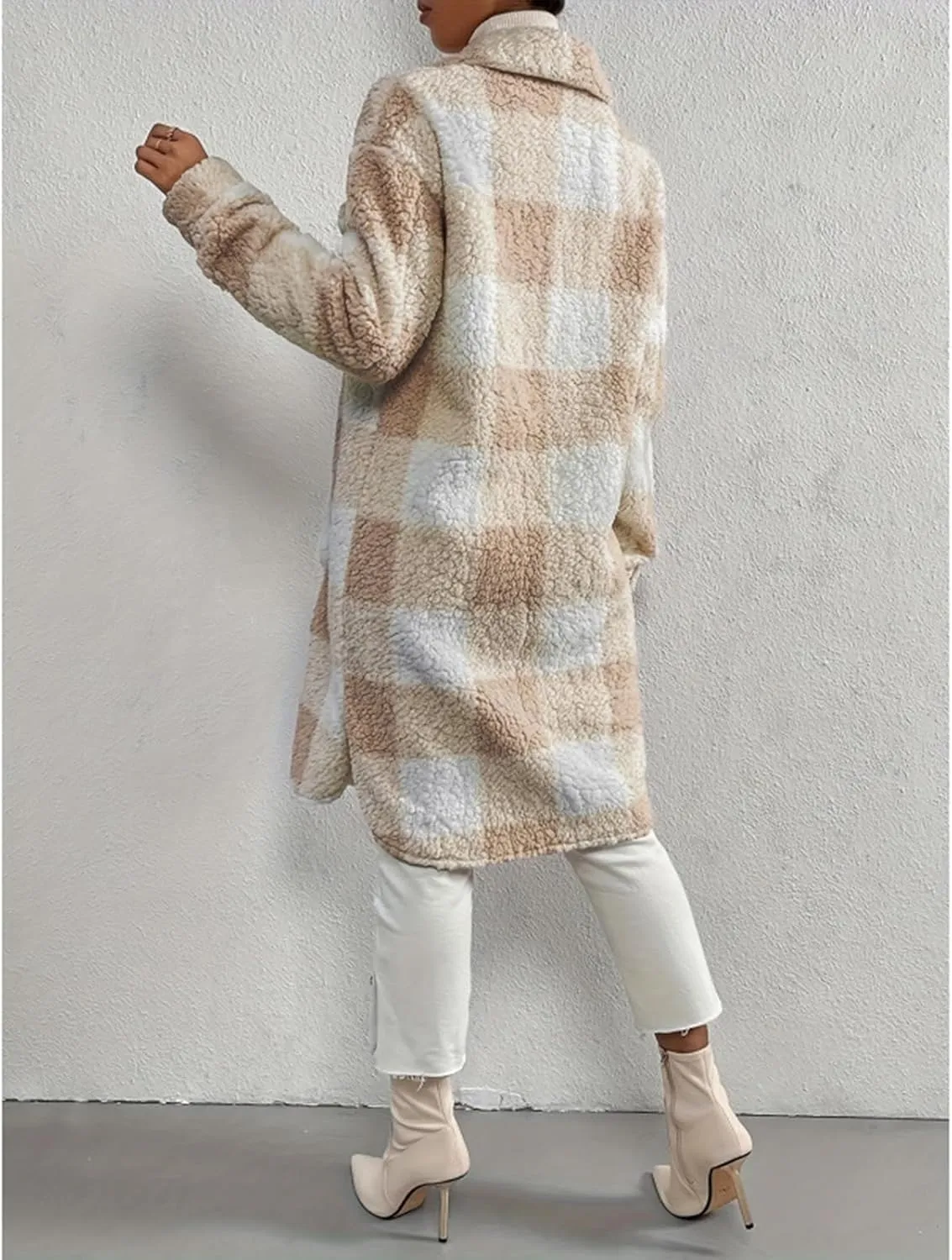 Women’s Chic Plaid Print Warm Plush Long Coat, Winter Cozy Lapel Fuzzy Jacket, Casual Tartan over Shirt Trench Coat