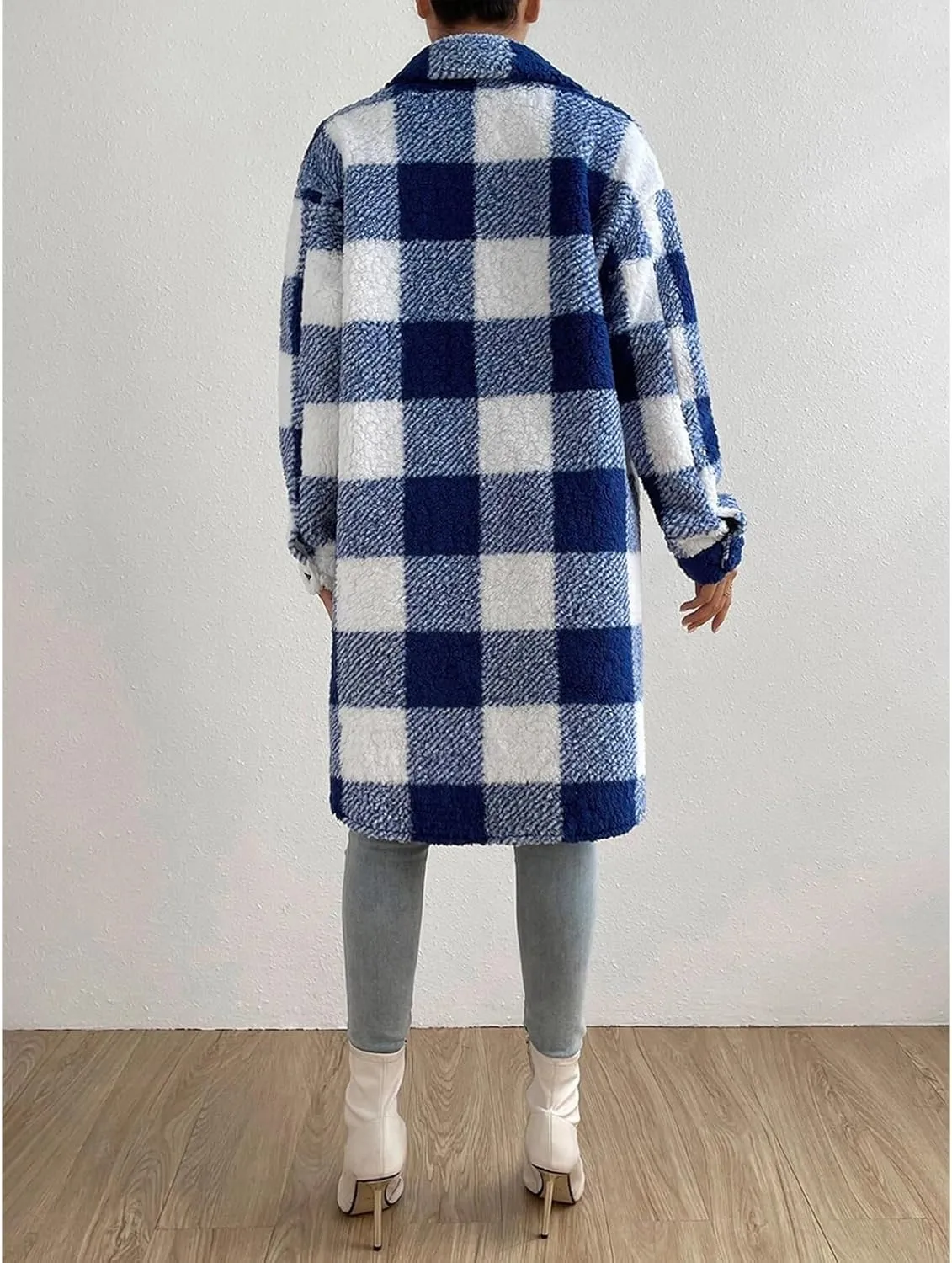 Women’s Chic Plaid Print Warm Plush Long Coat, Winter Cozy Lapel Fuzzy Jacket, Casual Tartan over Shirt Trench Coat