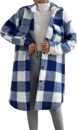Women’s Chic Plaid Print Warm Plush Long Coat, Winter Cozy Lapel Fuzzy Jacket, Casual Tartan over Shirt Trench Coat
