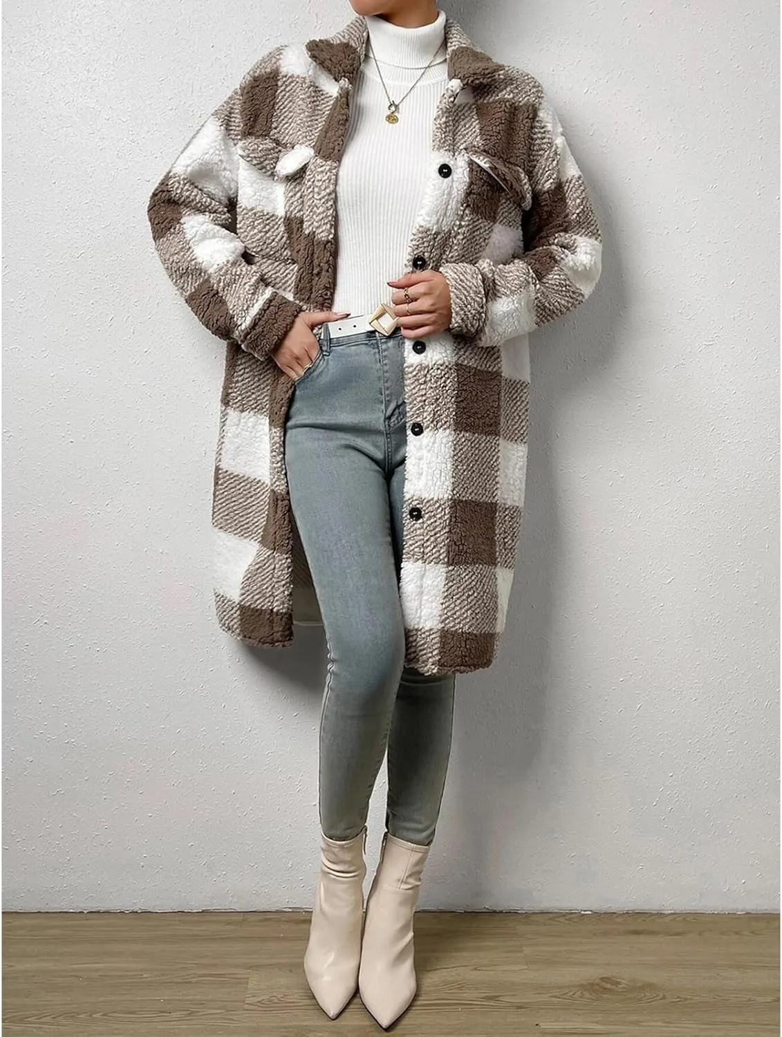 Women’s Chic Plaid Print Warm Plush Long Coat, Winter Cozy Lapel Fuzzy Jacket, Casual Tartan over Shirt Trench Coat