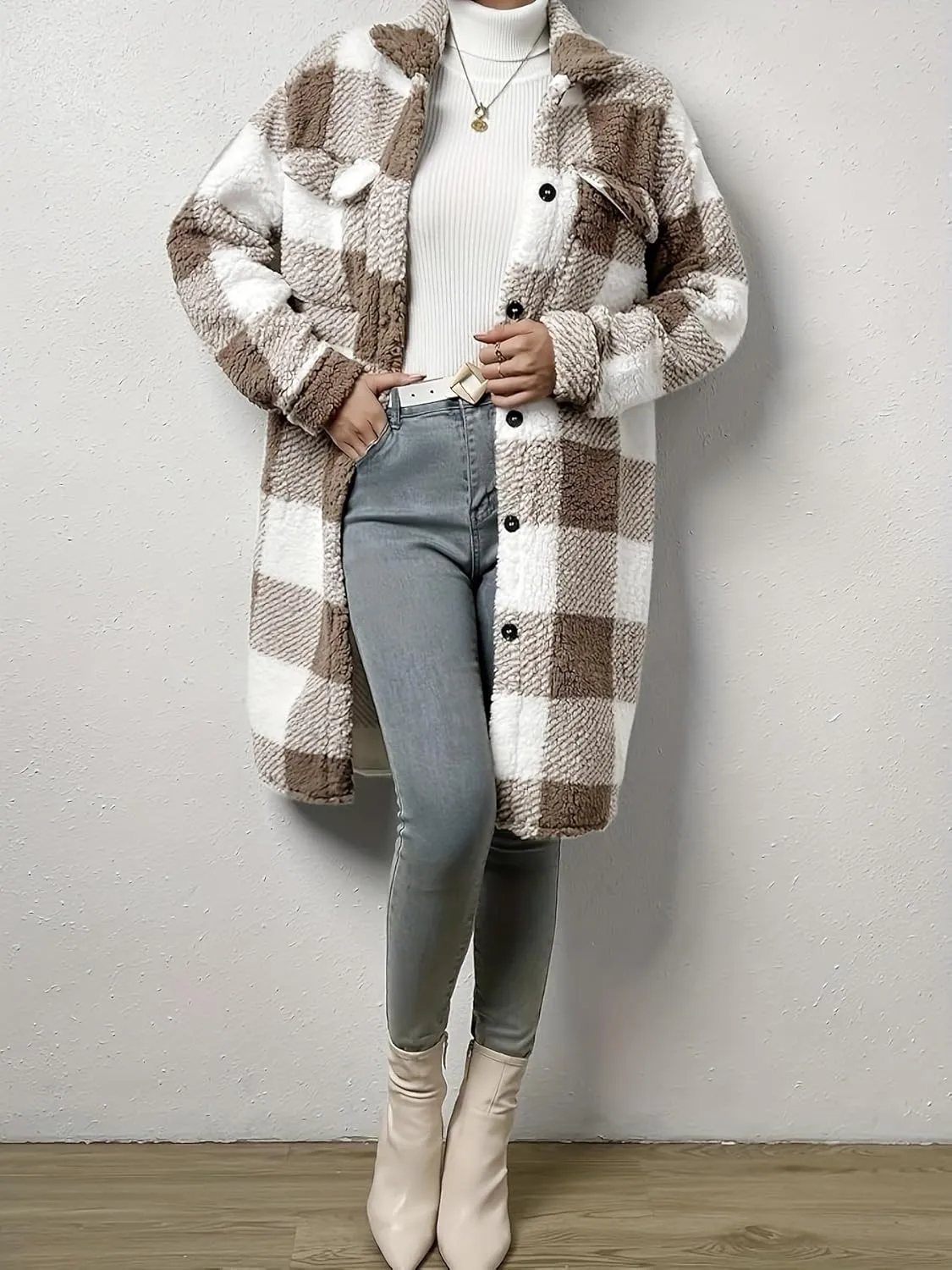 Women’s Chic Plaid Print Warm Plush Long Coat, Winter Cozy Lapel Fuzzy Jacket, Casual Tartan over Shirt Trench Coat