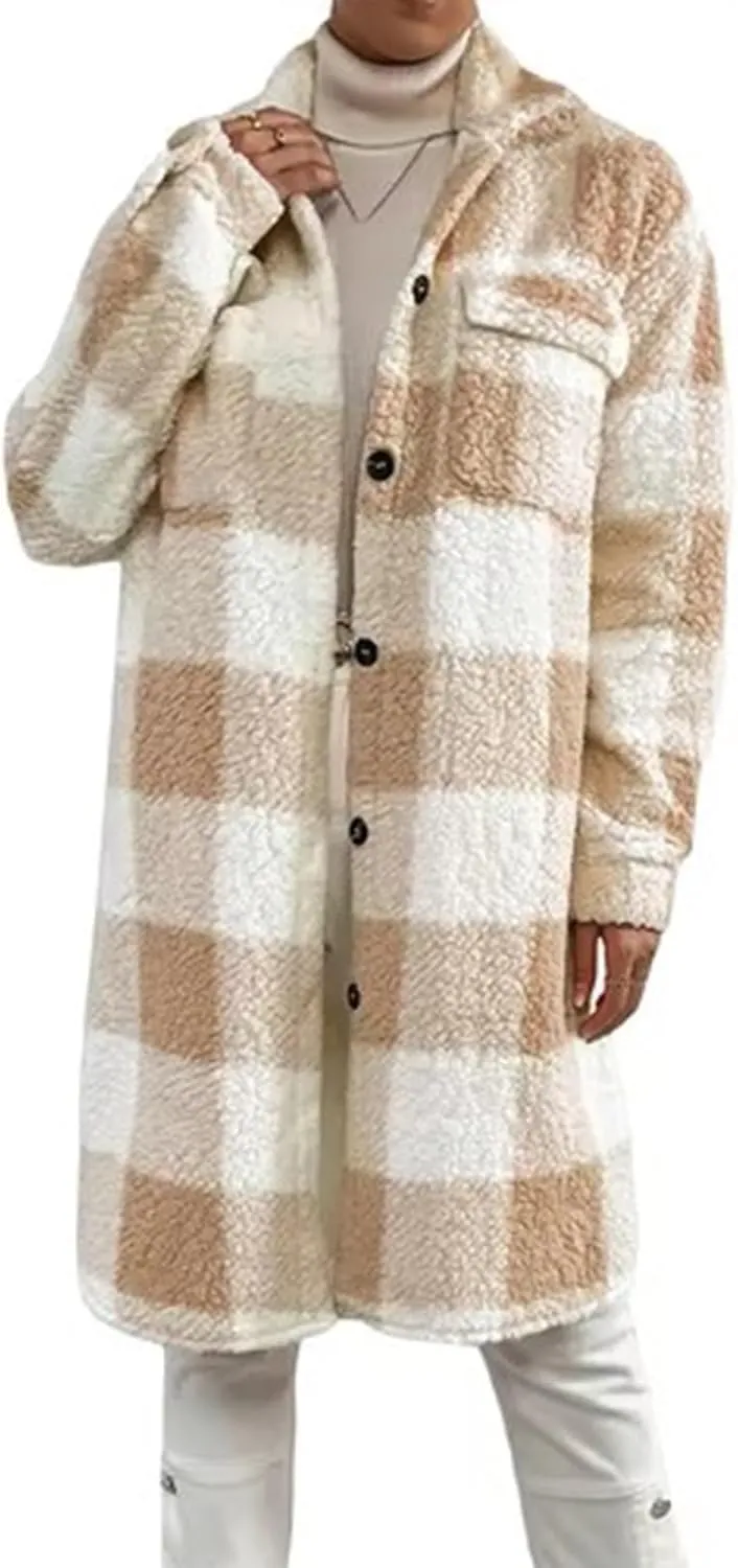 Women’s Chic Plaid Print Warm Plush Long Coat, Winter Cozy Lapel Fuzzy Jacket, Casual Tartan over Shirt Trench Coat