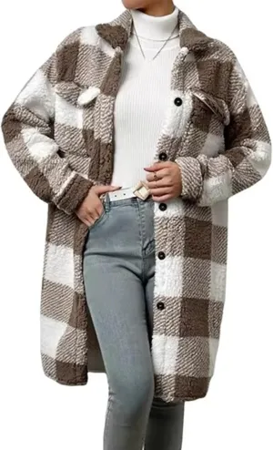 Women’s Chic Plaid Print Warm Plush Long Coat, Winter Cozy Lapel Fuzzy Jacket, Casual Tartan over Shirt Trench Coat