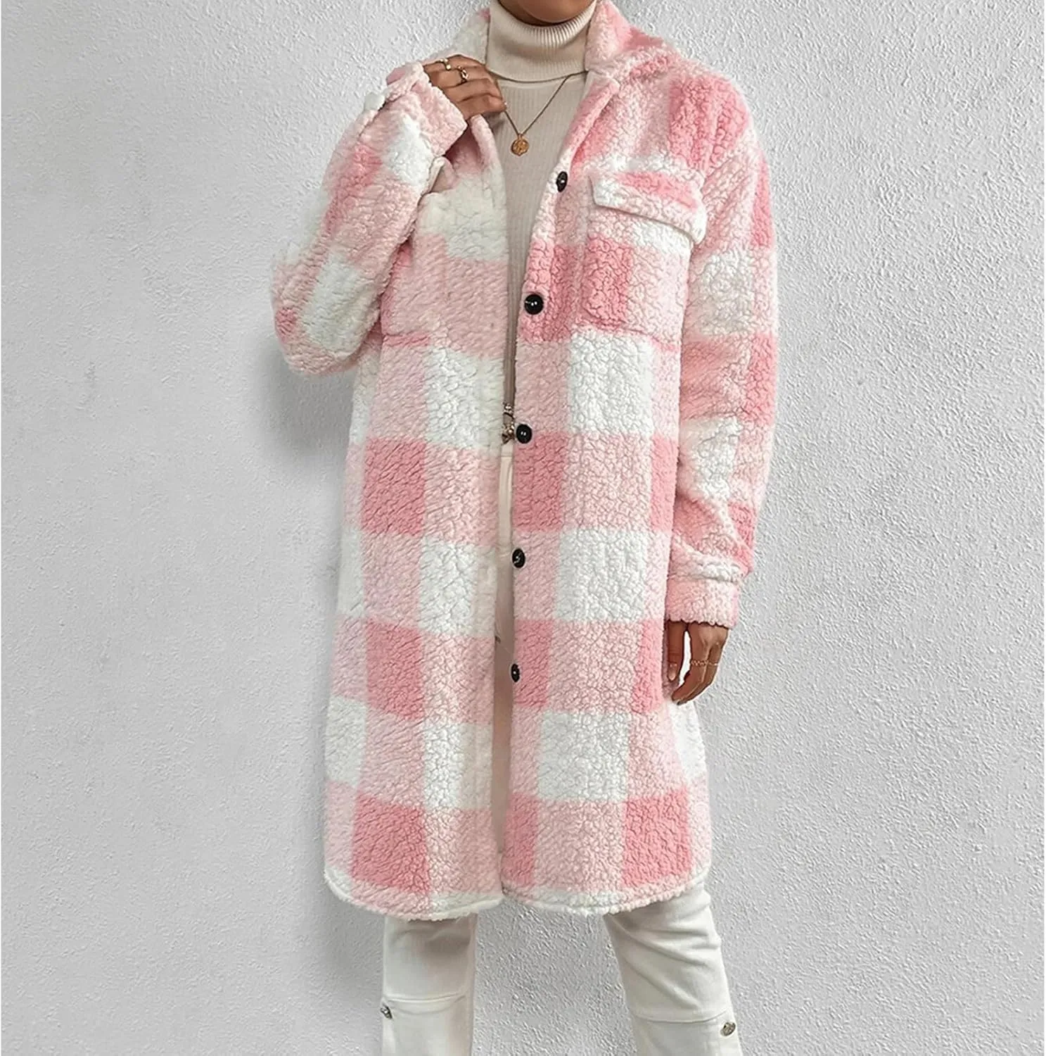 Women’s Chic Plaid Print Warm Plush Long Coat, Winter Cozy Lapel Fuzzy Jacket, Casual Tartan over Shirt Trench Coat