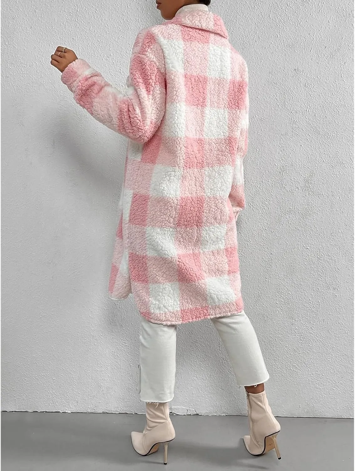 Women’s Chic Plaid Print Warm Plush Long Coat, Winter Cozy Lapel Fuzzy Jacket, Casual Tartan over Shirt Trench Coat