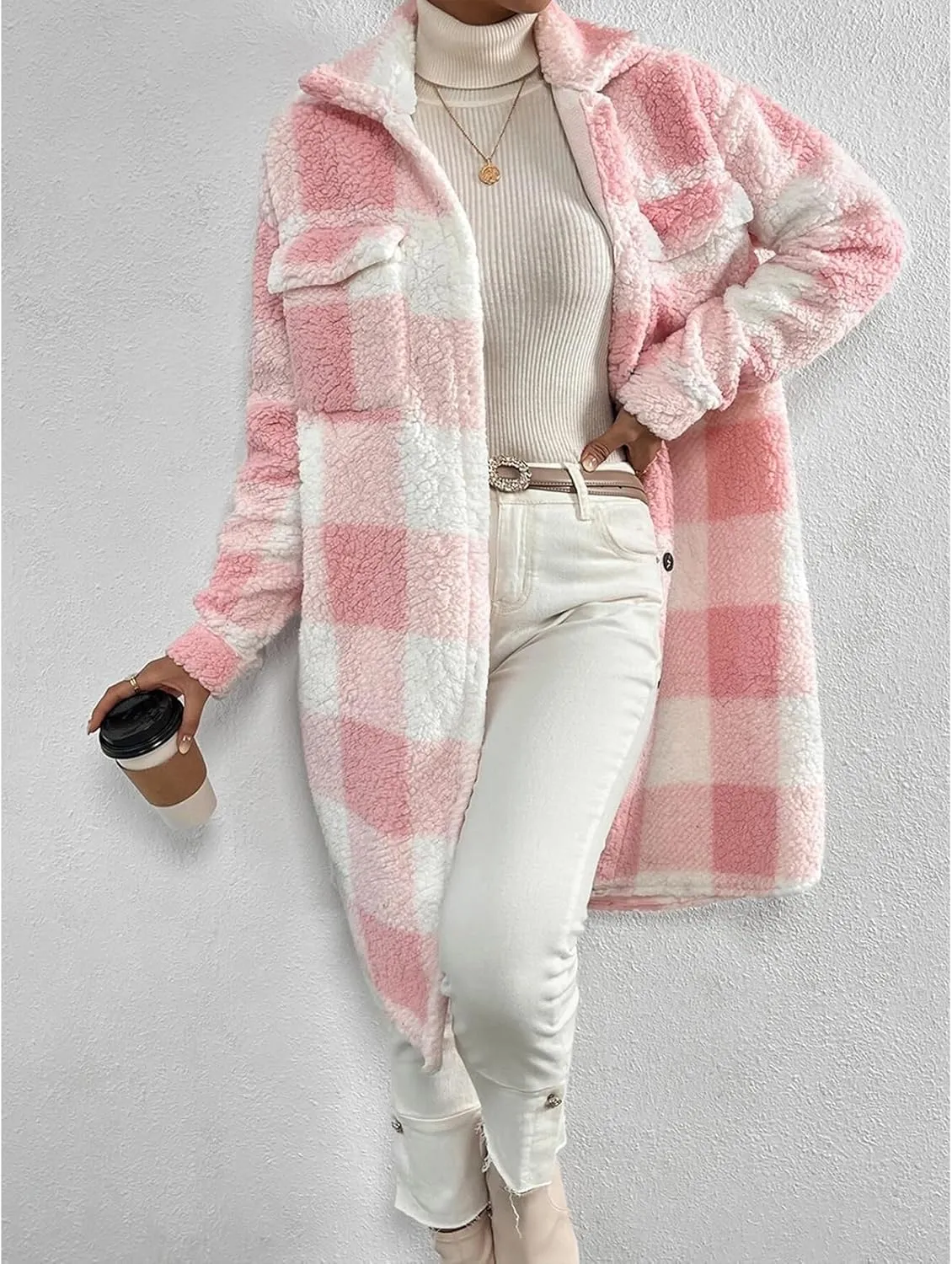 Women’s Chic Plaid Print Warm Plush Long Coat, Winter Cozy Lapel Fuzzy Jacket, Casual Tartan over Shirt Trench Coat