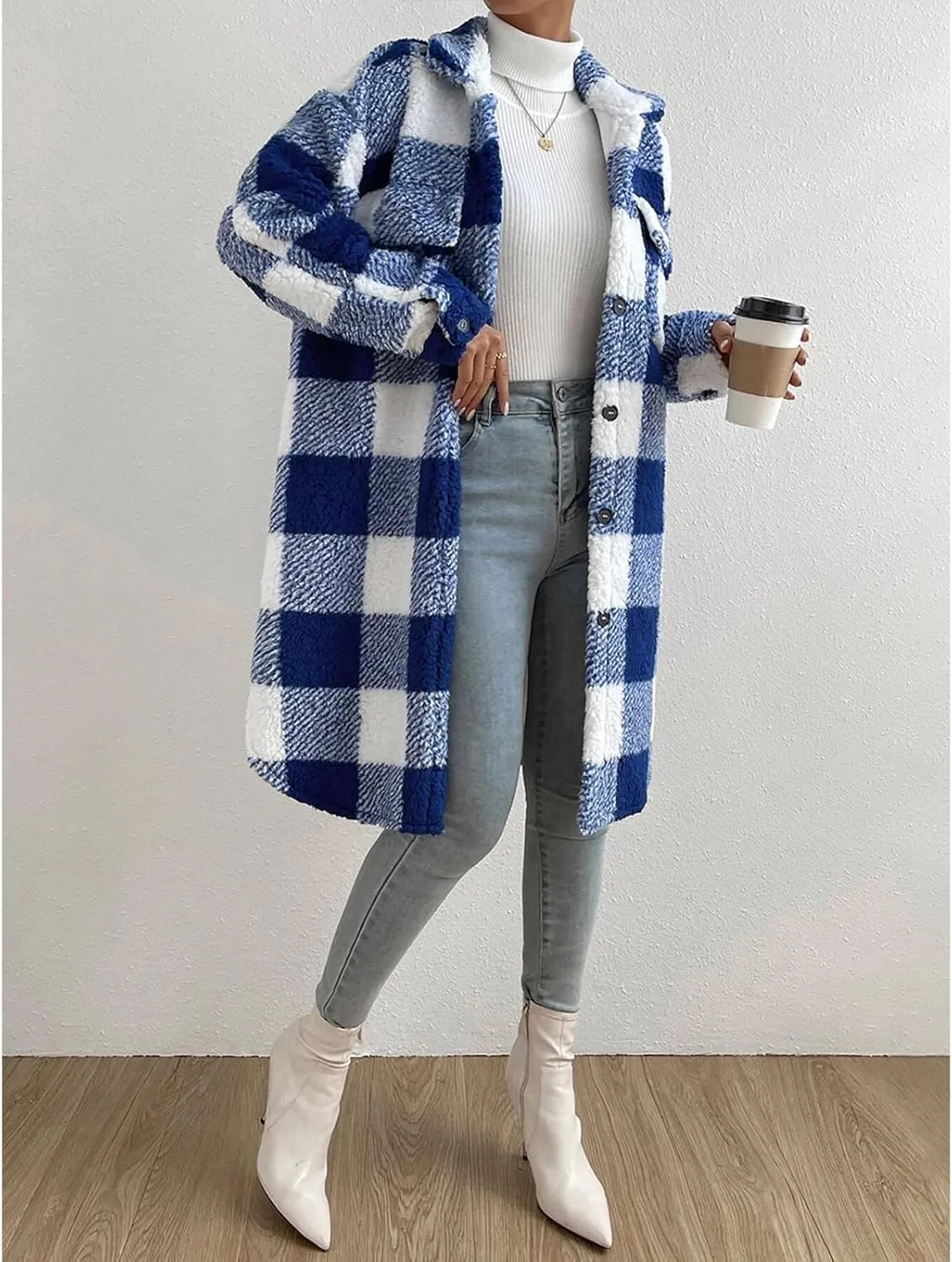 Women’s Chic Plaid Print Warm Plush Long Coat, Winter Cozy Lapel Fuzzy Jacket, Casual Tartan over Shirt Trench Coat
