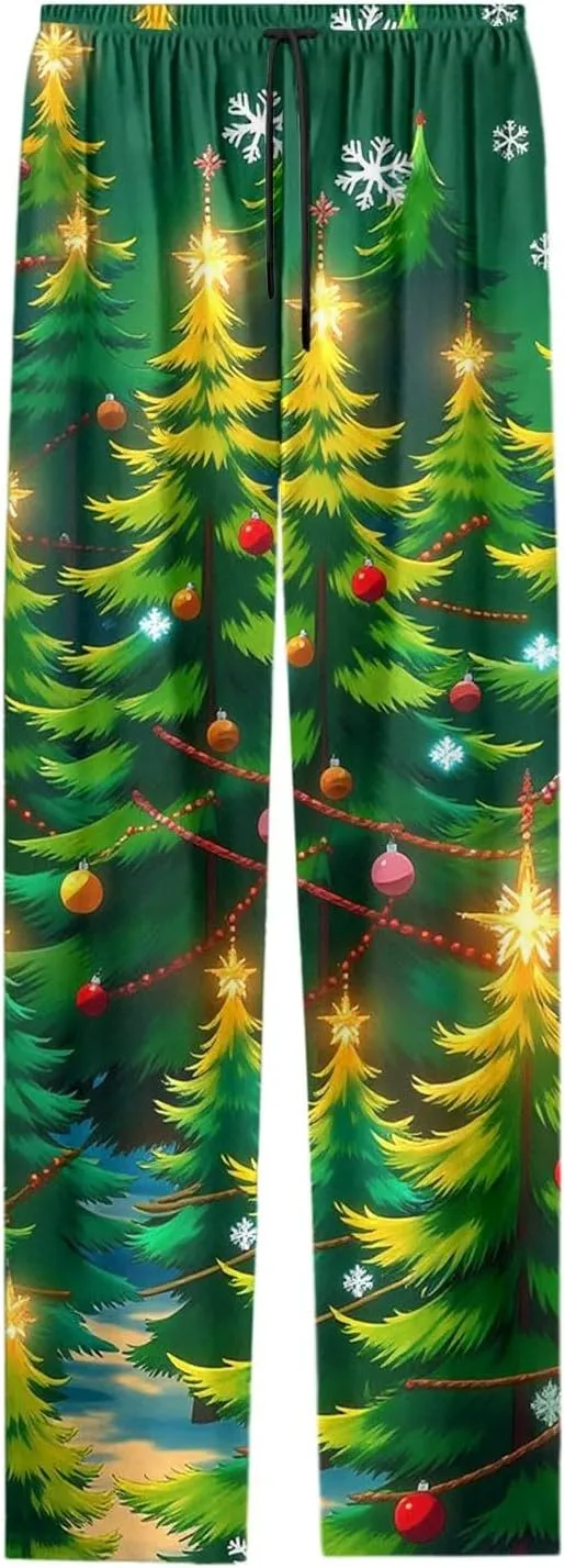 Womens Christmas Pajama Pants Funny Xmas Print Soft Comfy Wide Leg Trousers Bell Bottom Sleep Clothing