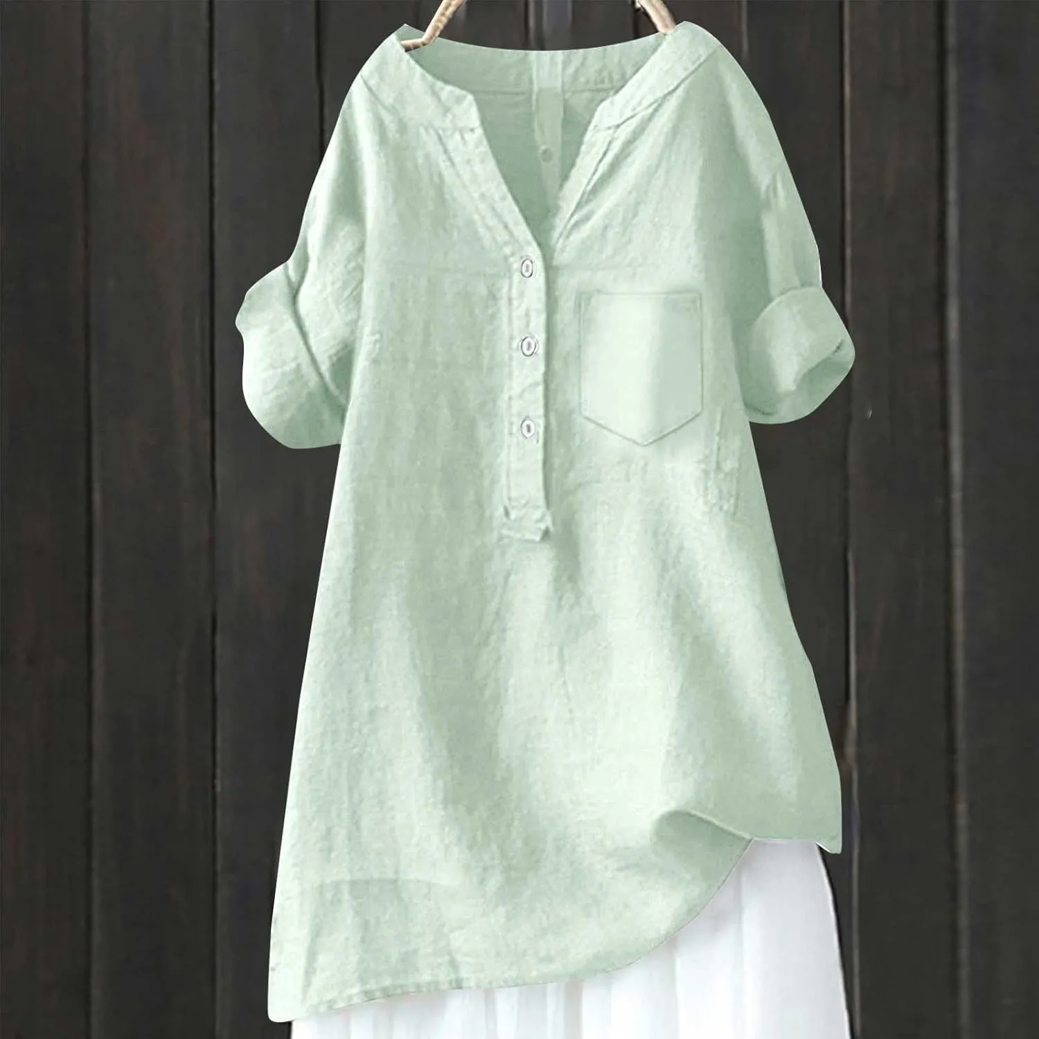 Womens Collared Button Down Shirts Solid Long Sleeve Linen Summer Casual Dress Blouse Top Loose Fit Tee Tops