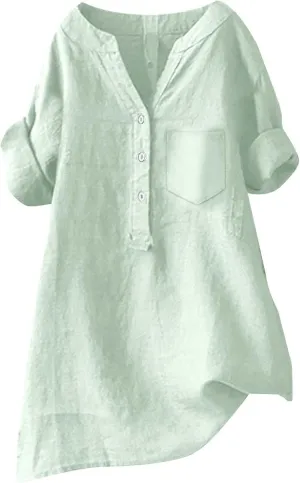 Womens Collared Button Down Shirts Solid Long Sleeve Linen Summer Casual Dress Blouse Top Loose Fit Tee Tops