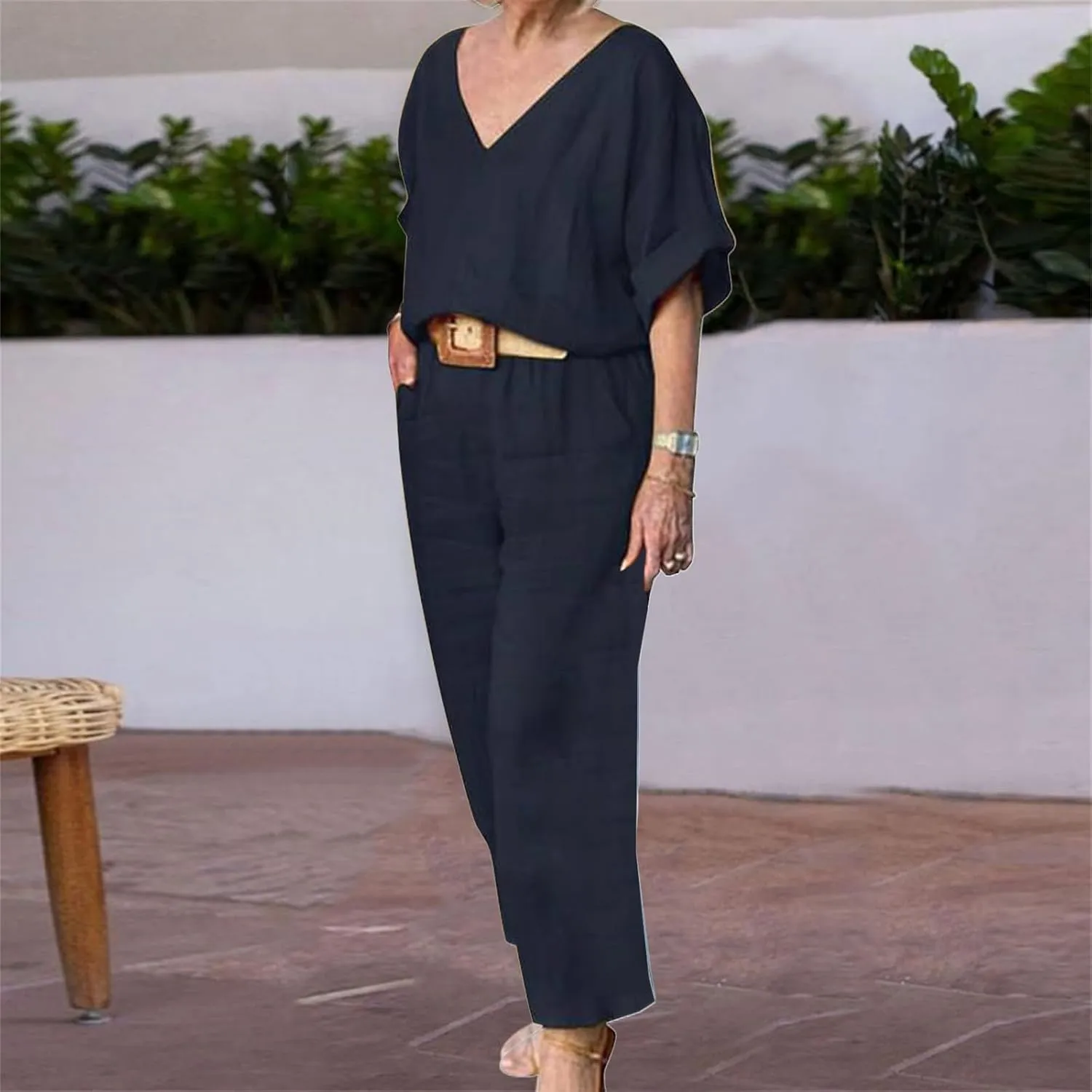 Women's Cotton and Linen Casual Two-Piece Set Summer Oversized Short Sleeve T Shirts V Neck Top Loose Capri Pant Sets