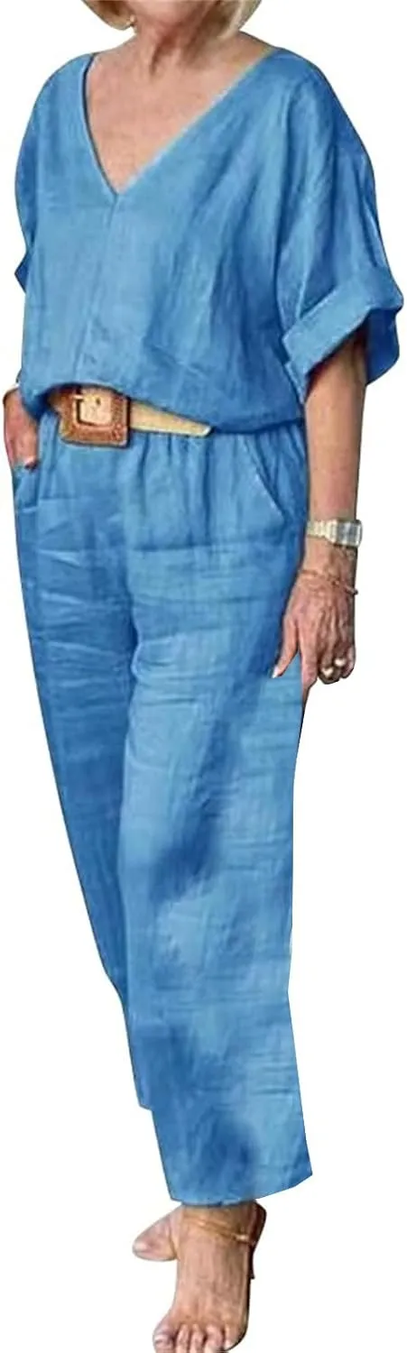 Women's Cotton and Linen Casual Two-Piece Set Summer Oversized Short Sleeve T Shirts V Neck Top Loose Capri Pant Sets