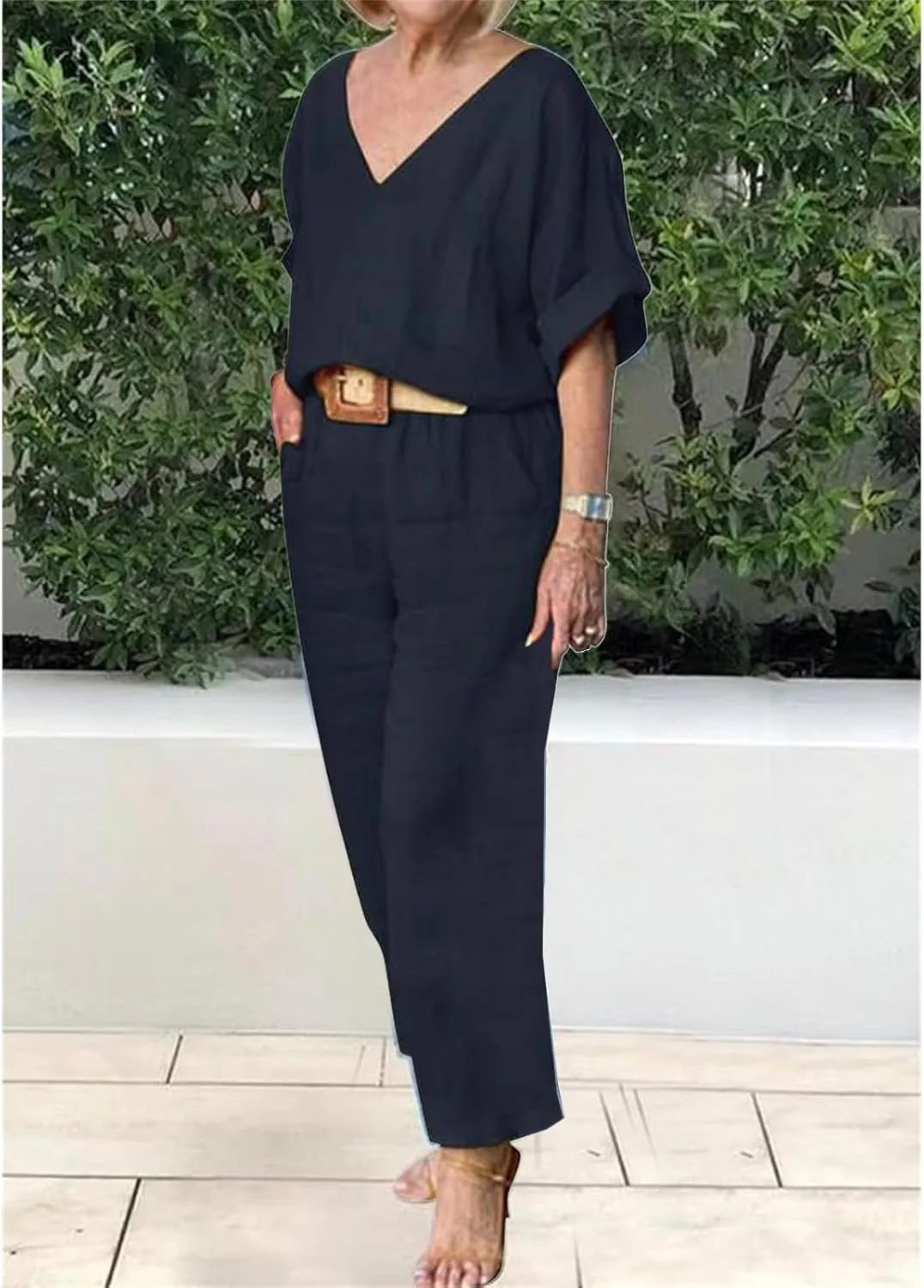 Women's Cotton and Linen Casual Two-Piece Set Summer Oversized Short Sleeve T Shirts V Neck Top Loose Capri Pant Sets